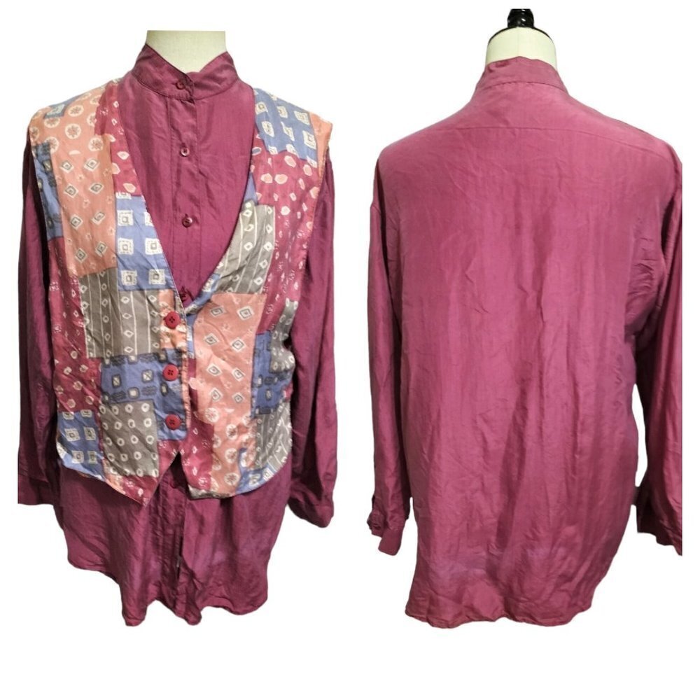 (913)Backroad Blues Vtg 80's Long Sleeve Silk Shirt with Attached Vest Size M